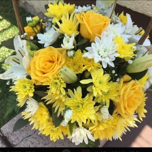 Yellow Roses and white Flower Basket